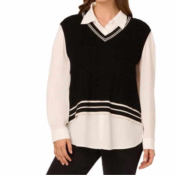Adrianna Papell Tops - Adrianna Papell Women's Twofer Sweater Vest Blouse BLACK Size Large Fits 12-14